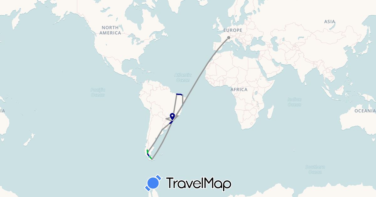 TravelMap itinerary: driving, bus, plane, boat in Argentina, Brazil, Switzerland, Chile (Europe, South America)